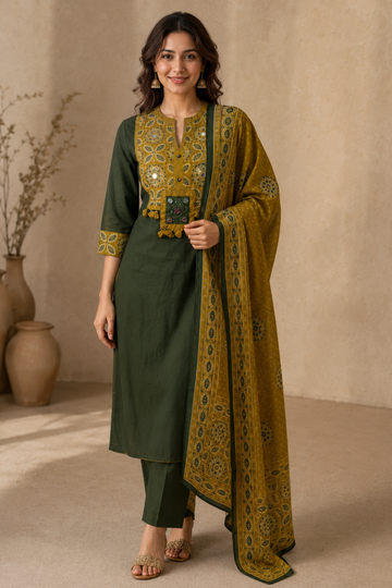 Women's Green & Mustard Printed Straight Kurta Set with Dupatta