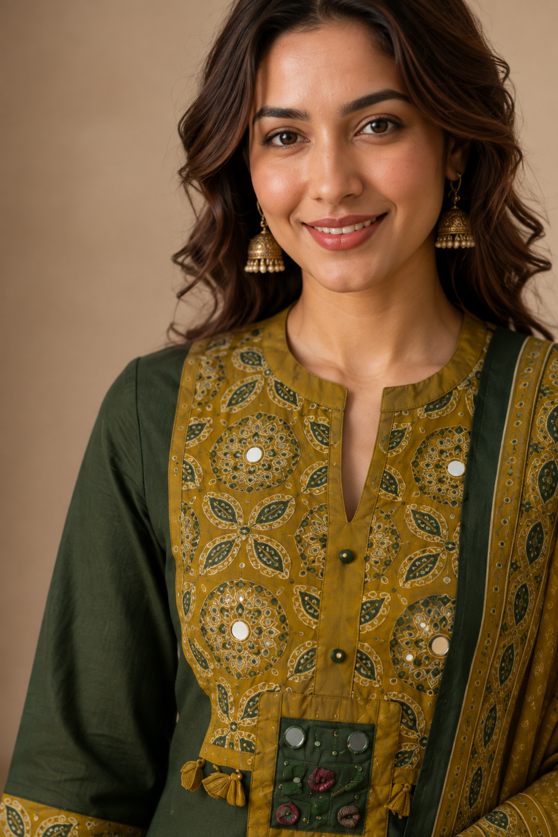 Women's Green & Mustard Printed Straight Kurta Set with Dupatta