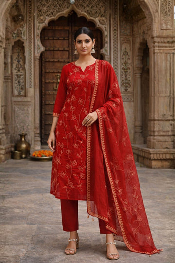 Orange Embroidered Chanderi 3-Piece Suit Set