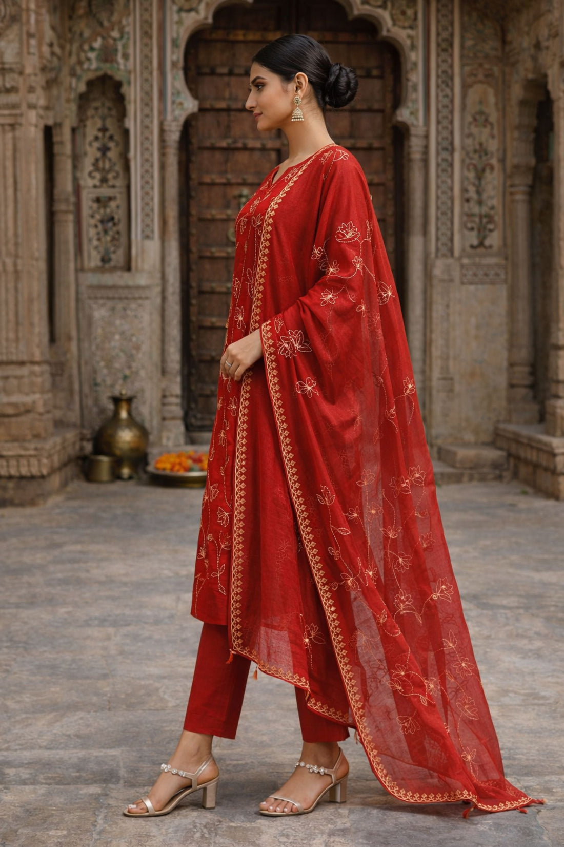 Orange Embroidered Chanderi 3-Piece Suit Set