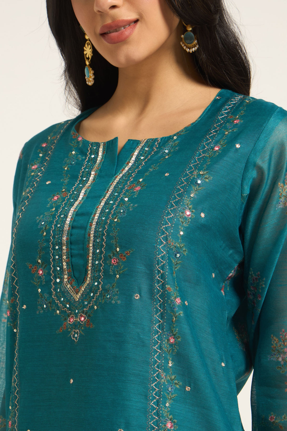 Teal Blue with chanderi fabric Floral Embroidered Regular Sequinned Kurta with Trousers & Dupatta