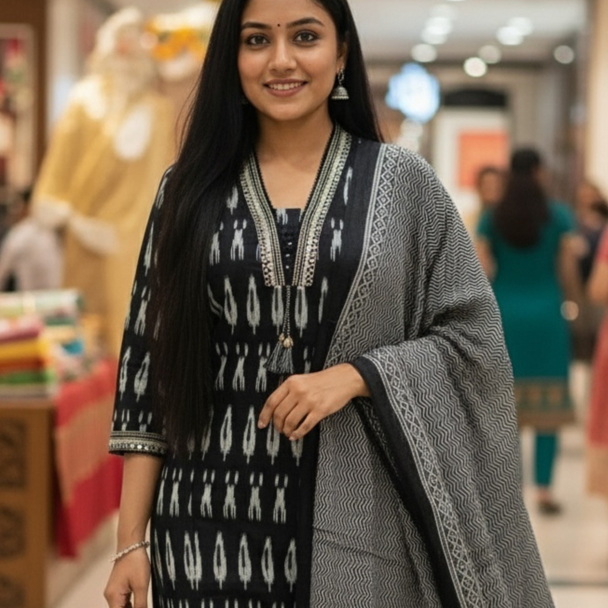 Black Monochrome Ikat Cotton Kurta Pant Set with Matching Dupatta