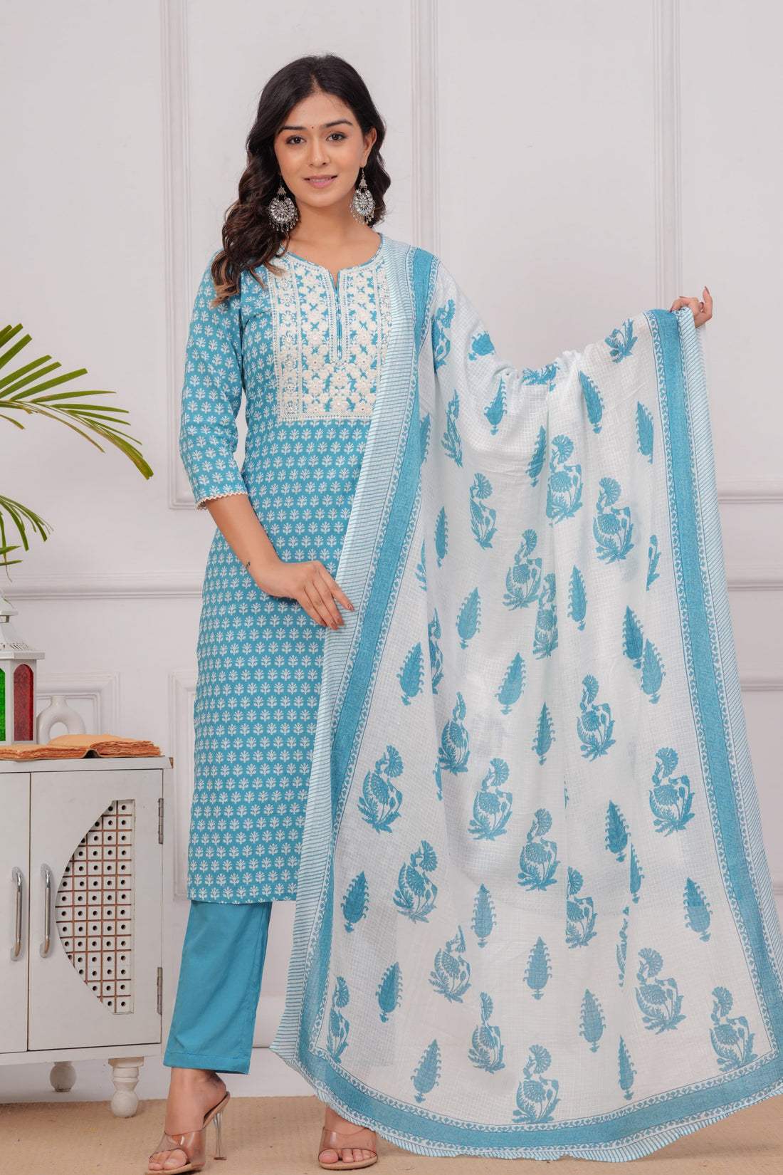 Ocean Blue Cotton Kurta Set with Delicate Yoke Embroidery & Dupatta
