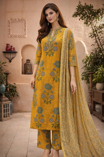 Mustard Printed Cotton 3-Piece Suit Set