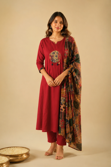 Women's Maroon Straight Kurta with Printed Dupatta & Bottom Set