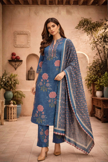Navy Blue Printed Cotton 3-Piece Suit Set