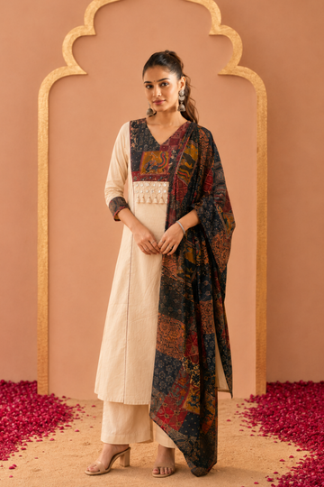 Women's Cream Printed Straight Kurta Set with Dupatta