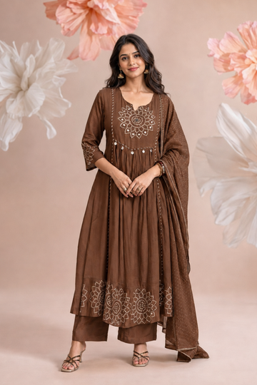 Women's Brown Embroidered Anarkali Kurta with bottom Dupatta