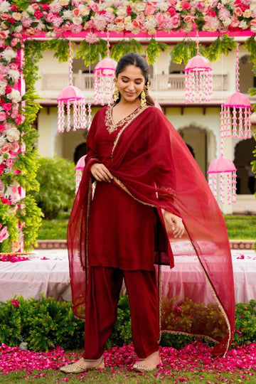 Maroon Festive Silk 3-Piece Suit Set