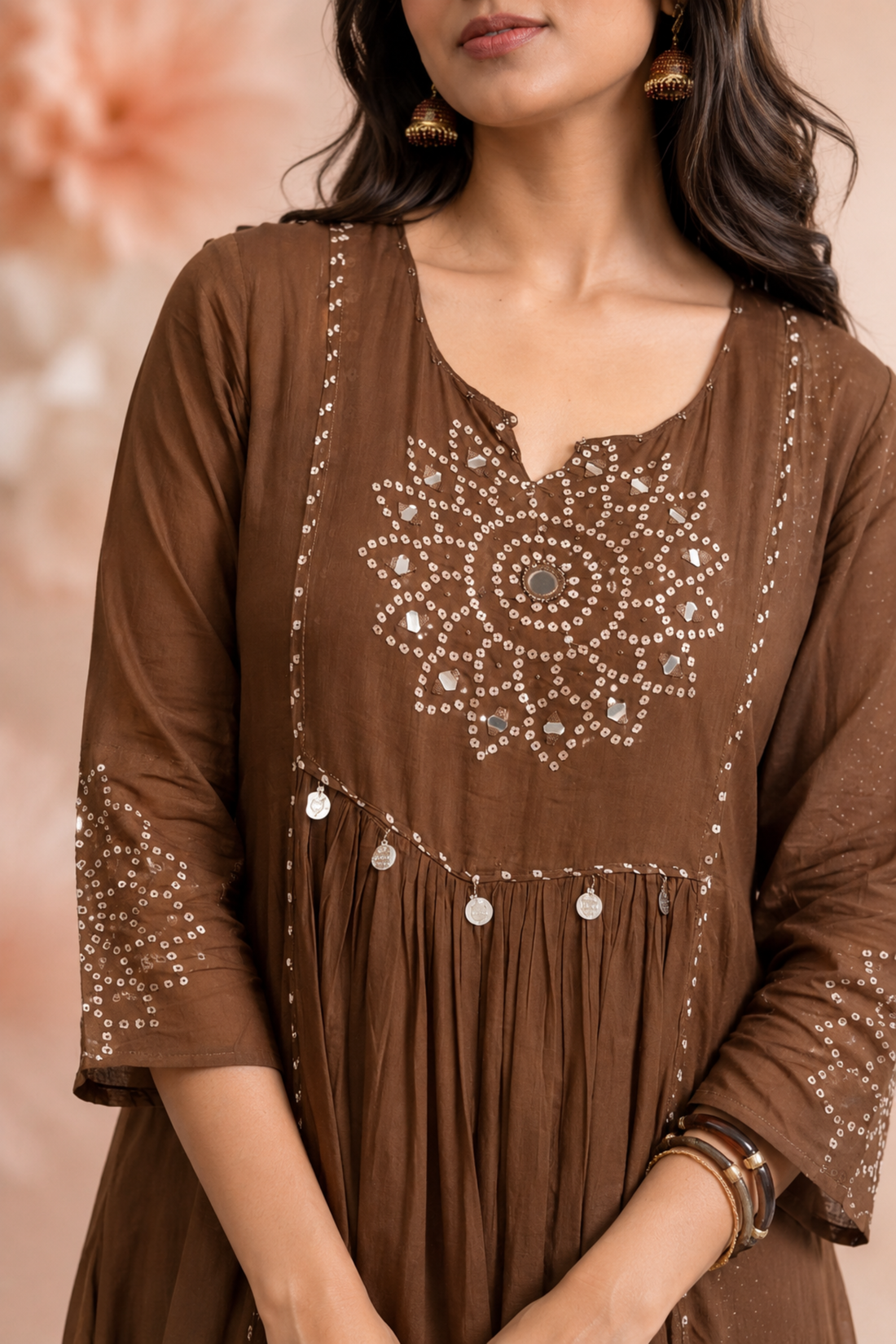 Women's Brown Embroidered Anarkali Kurta with bottom Dupatta