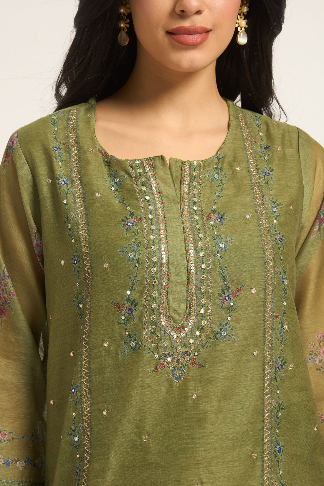Olive Green with chanderi fabric Floral Embroidered Regular Sequinned Kurta with Trousers & Dupatta