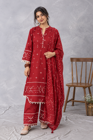 Cherry Red Bandhani Printed Chanderi 3-Piece Kurta Set with Farshi Bottoms & Dupatta
