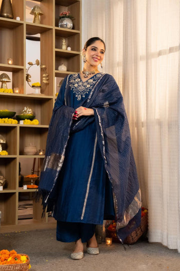 Navy Blue Festive Crepe 3-Piece Suit Set