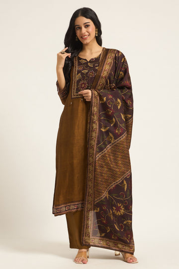 Mehandi Green with Muslin Fabric Floral Yoke Design Straight Kurta with Trousers & Dupatta