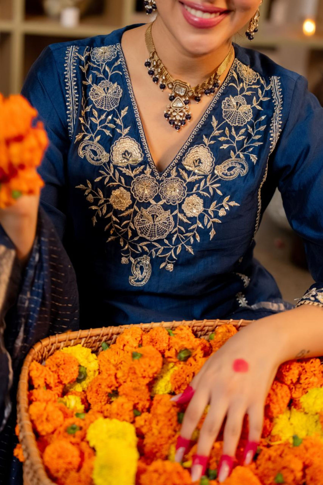 Navy Blue Festive Crepe 3-Piece Suit Set