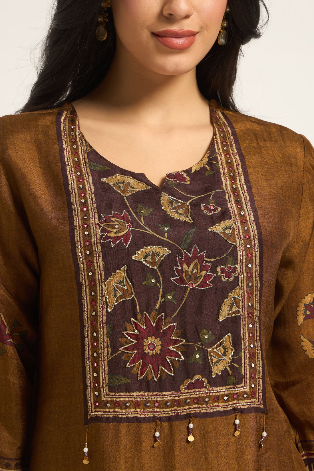 Mehandi Green with Muslin Fabric Floral Yoke Design Straight Kurta with Trousers & Dupatta