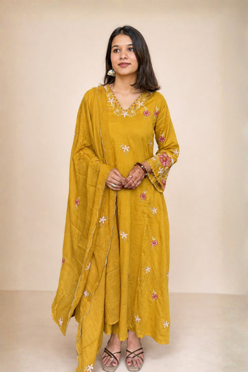 Women's Yellow Embroidered Anarkali Kurta with Bottom & Dupatta