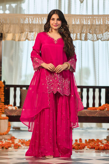 Magenta Pink color with chiffon fabric Floral Embroidered Regular Kurta with Sharara & Dupatta