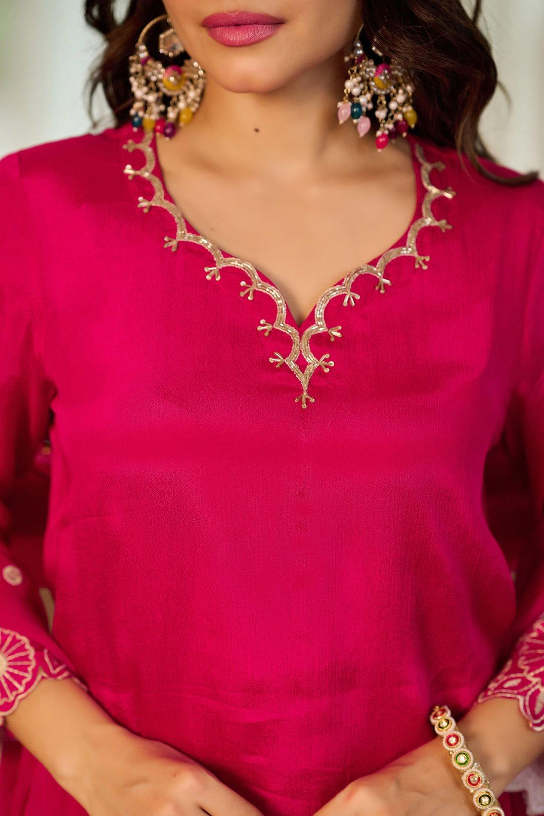 Magenta Pink color with chiffon fabric Floral Embroidered Regular Kurta with Sharara & Dupatta