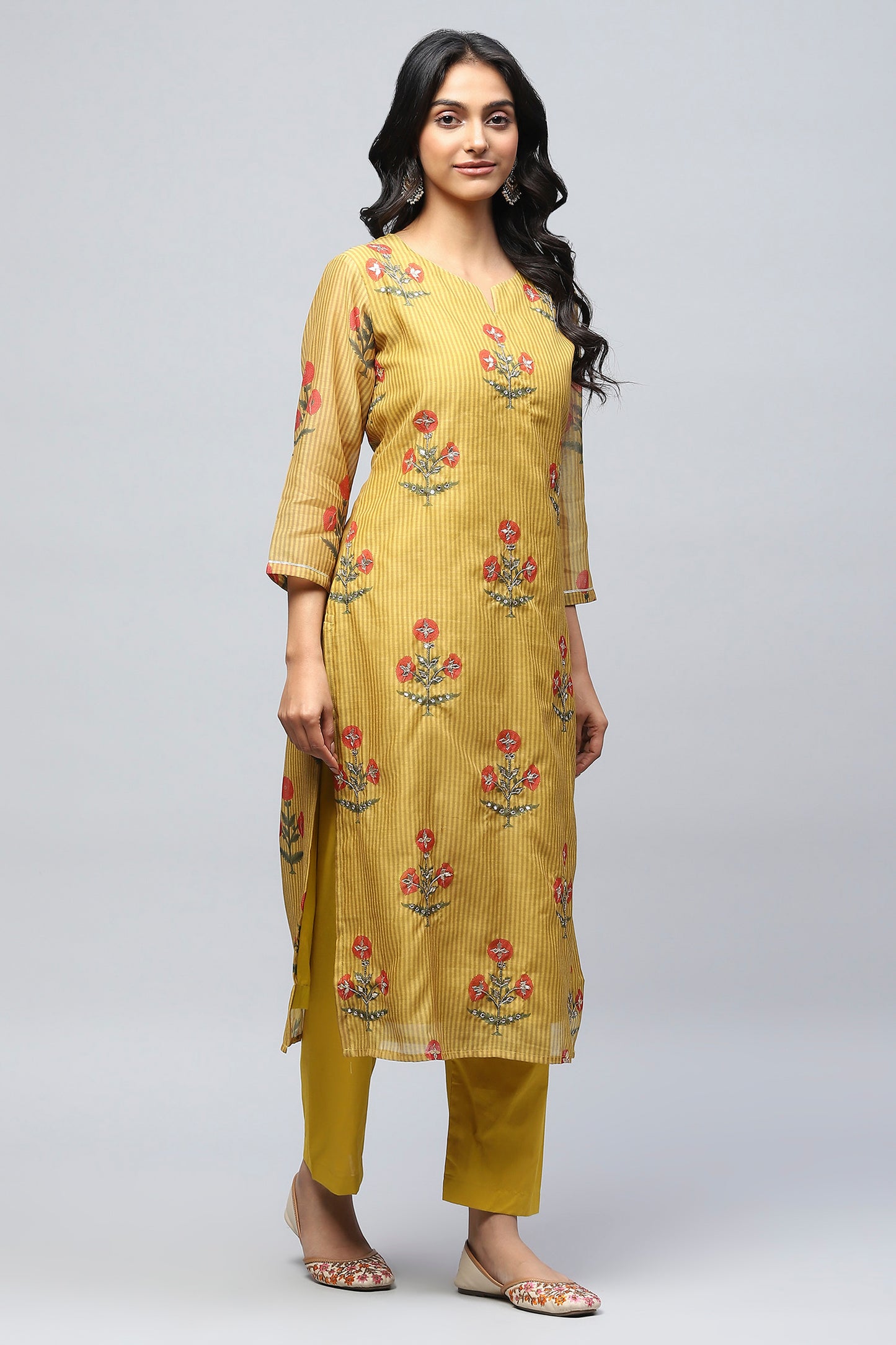 Mustard Printed Readymade Suit Set for Women with Mirror Work – Chic & Traditional