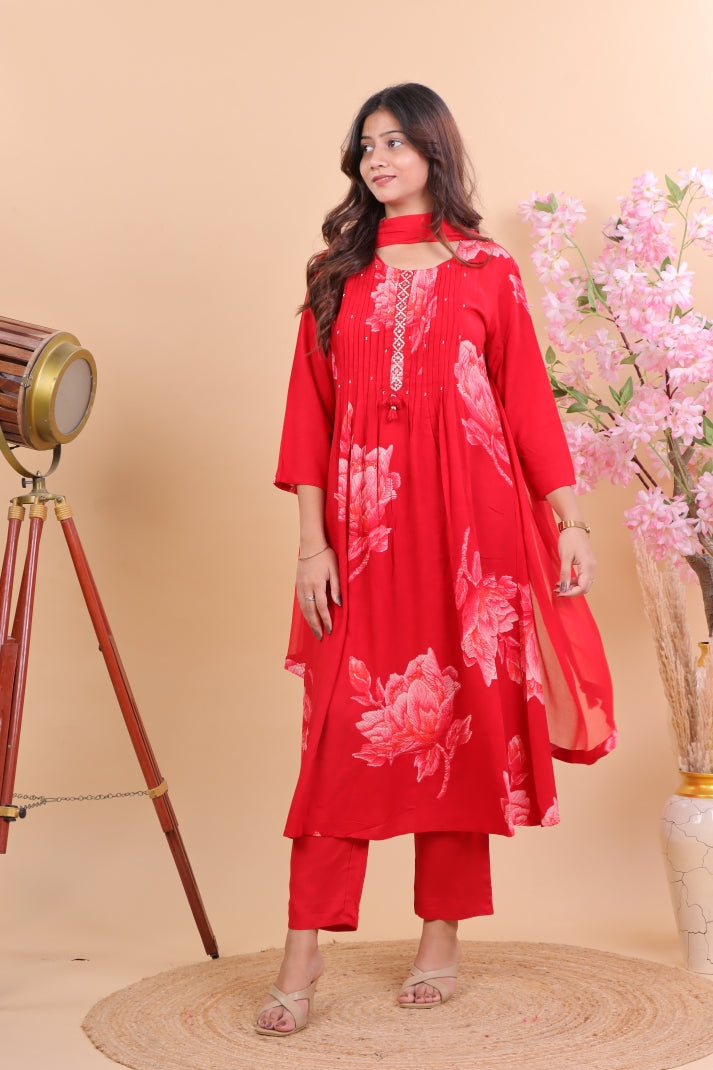Radiant Red Rayon Floral Printed Suit Set with Dupatta
