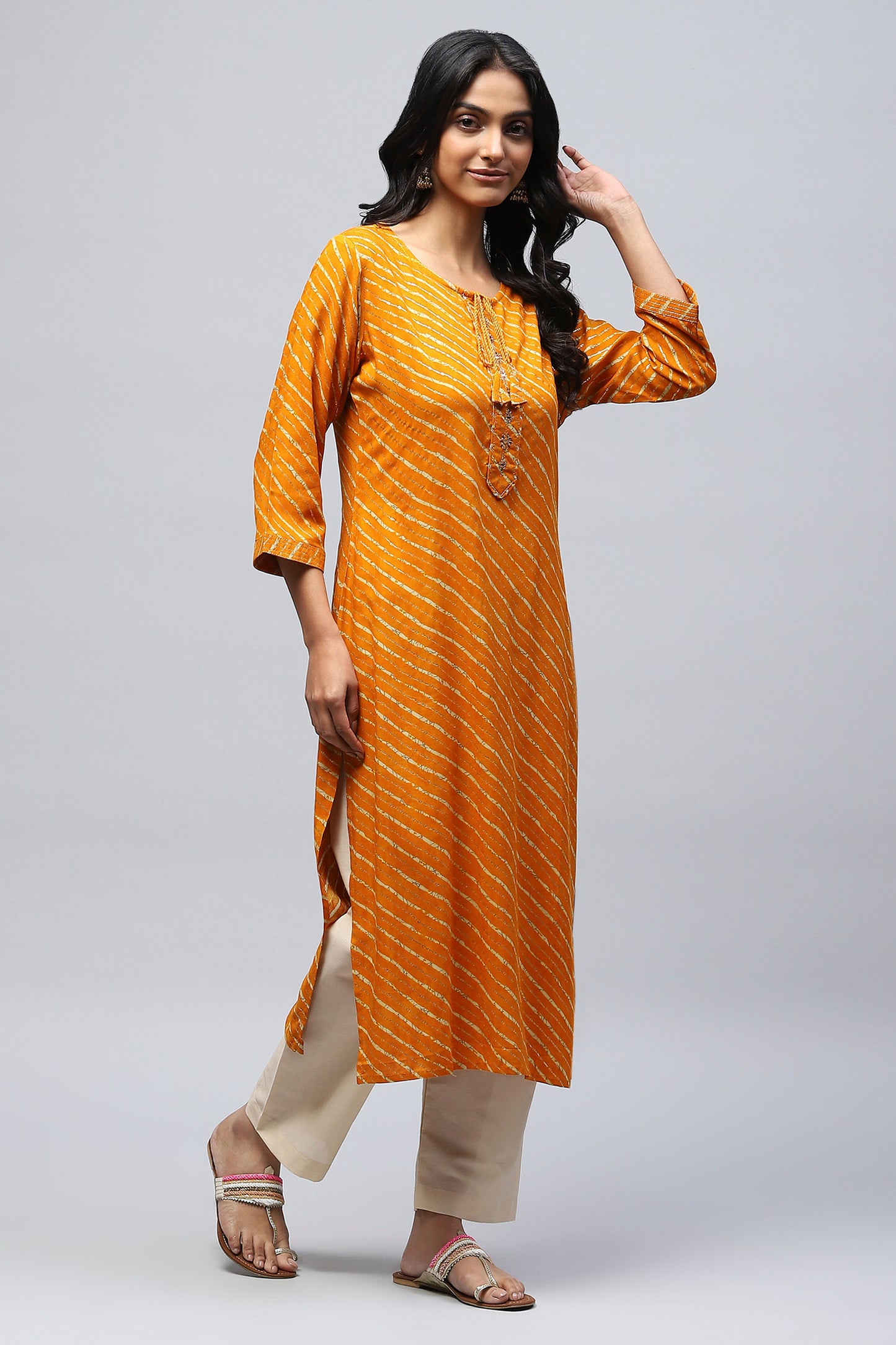 Bandhani Print Single Kurta – Straight Fit, 3/4 Sleeve, Round Neck