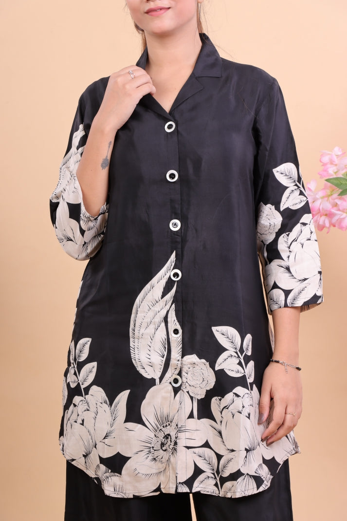 Elegant Black & White Floral Printed Co-ord Set