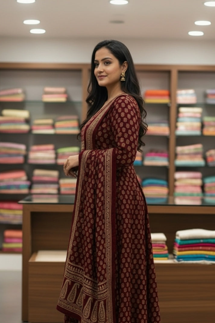 Graceful Maroon Angrakha style Suit Set with Dupatta
