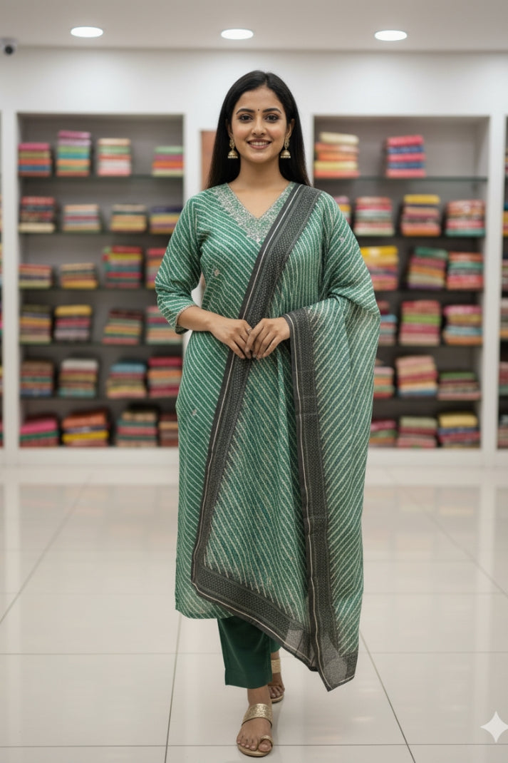 Stylish Green Striped Printed Kurta Set with Intricate Neck Detailing