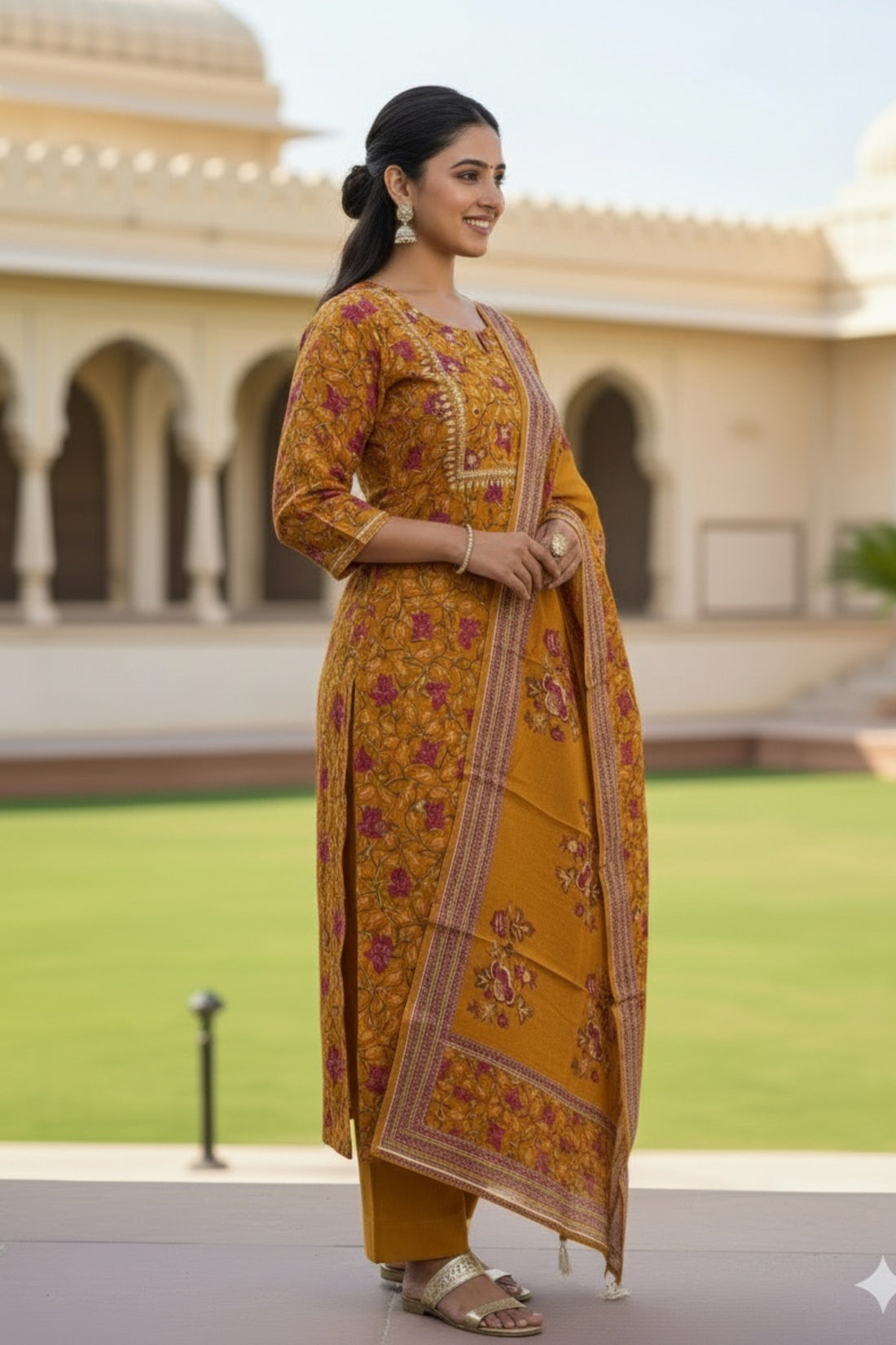 Premium Mustard Yellow Chanderi Ethnic Suit Set with Printed Dupatta