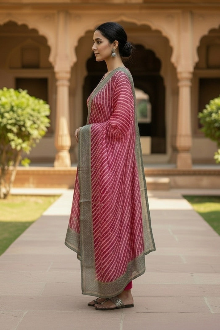 Stylish Pink Striped Printed Kurta Set with Intricate Neck Detailing