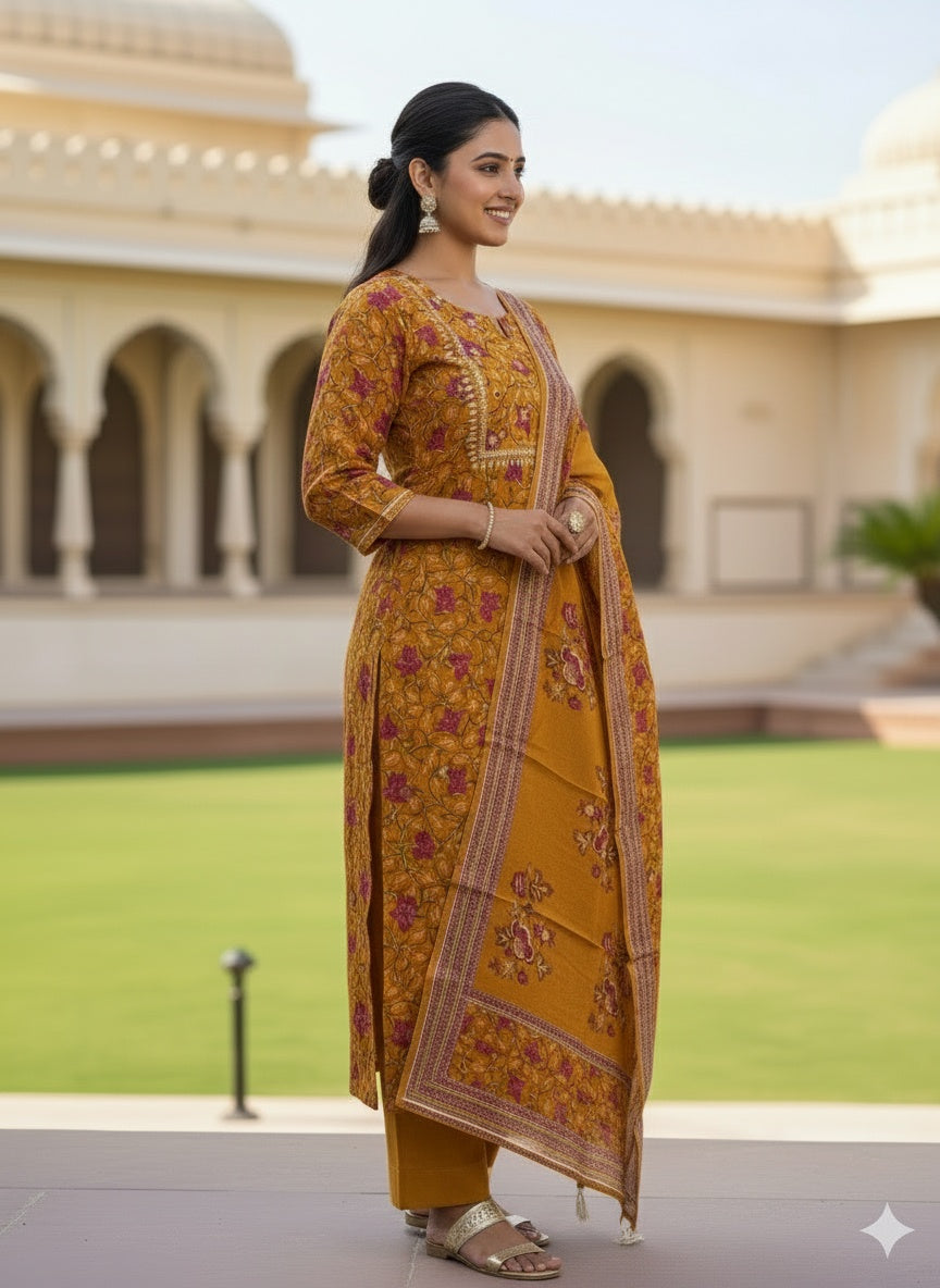 Premium Mustard Yellow Chanderi Ethnic Suit Set with Printed Dupatta