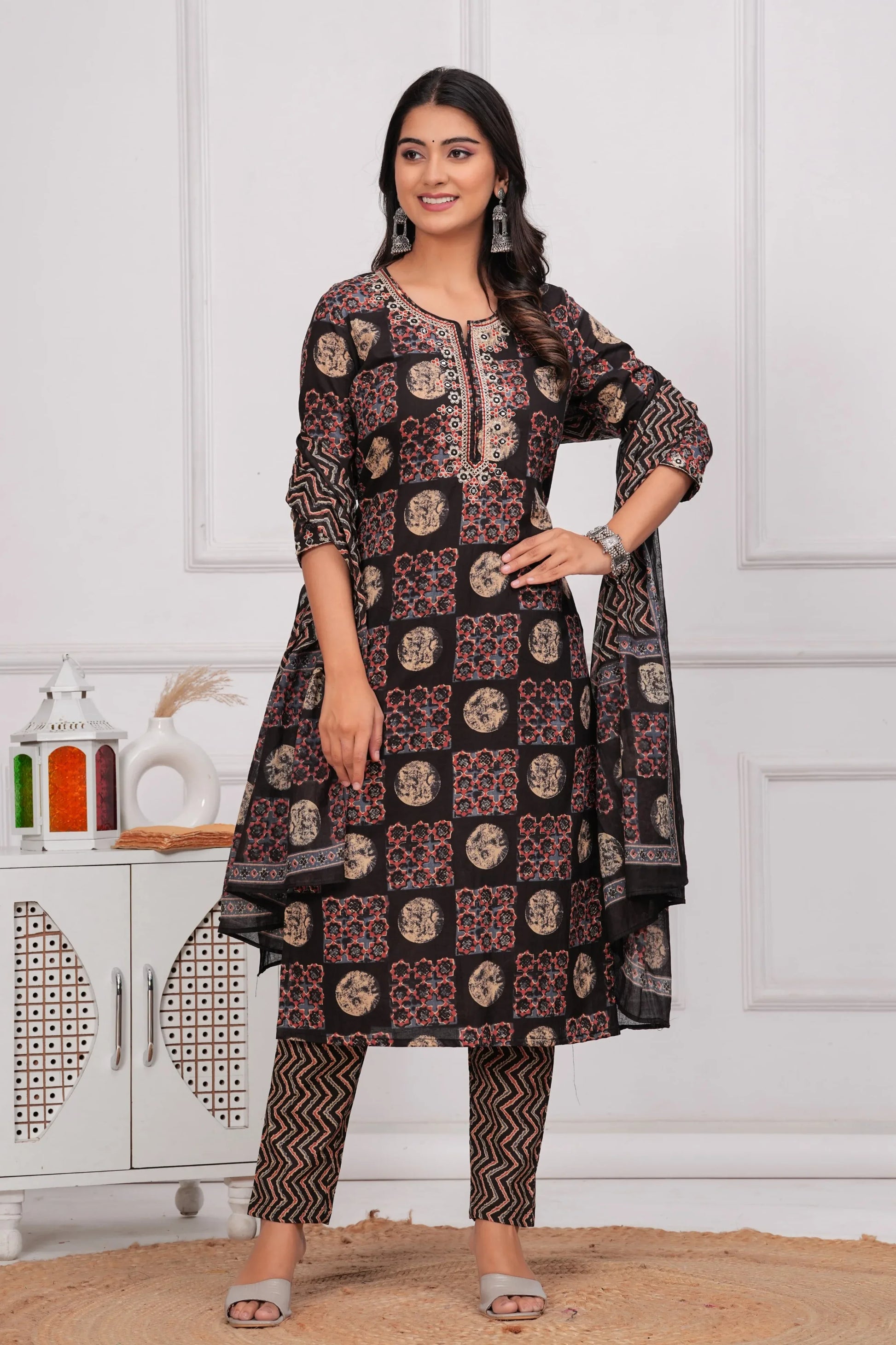Black & Rust Geometric Print Cotton Kurta Pant Dupatta Set - Qurbat 