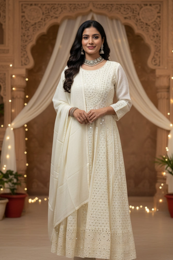 Ethereal Cream White Mirror Work Anarkali Suit Set with Dupatta