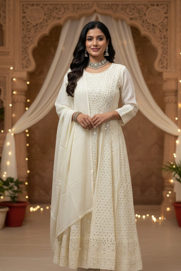 Ethereal Cream White Mirror Work Anarkali Suit Set with Dupatta