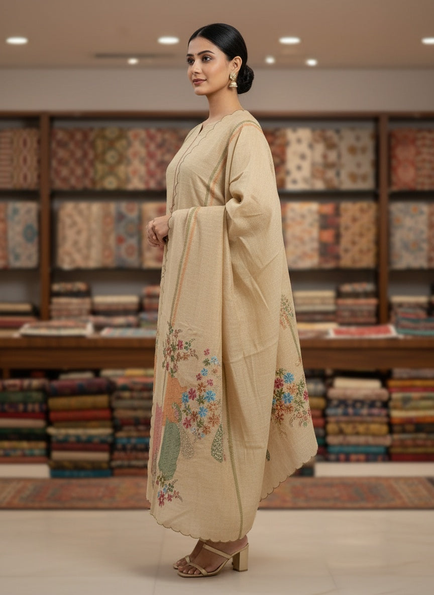 Neutral Beige Kurta & Pants with Dupatta – Artisanal Embroidery