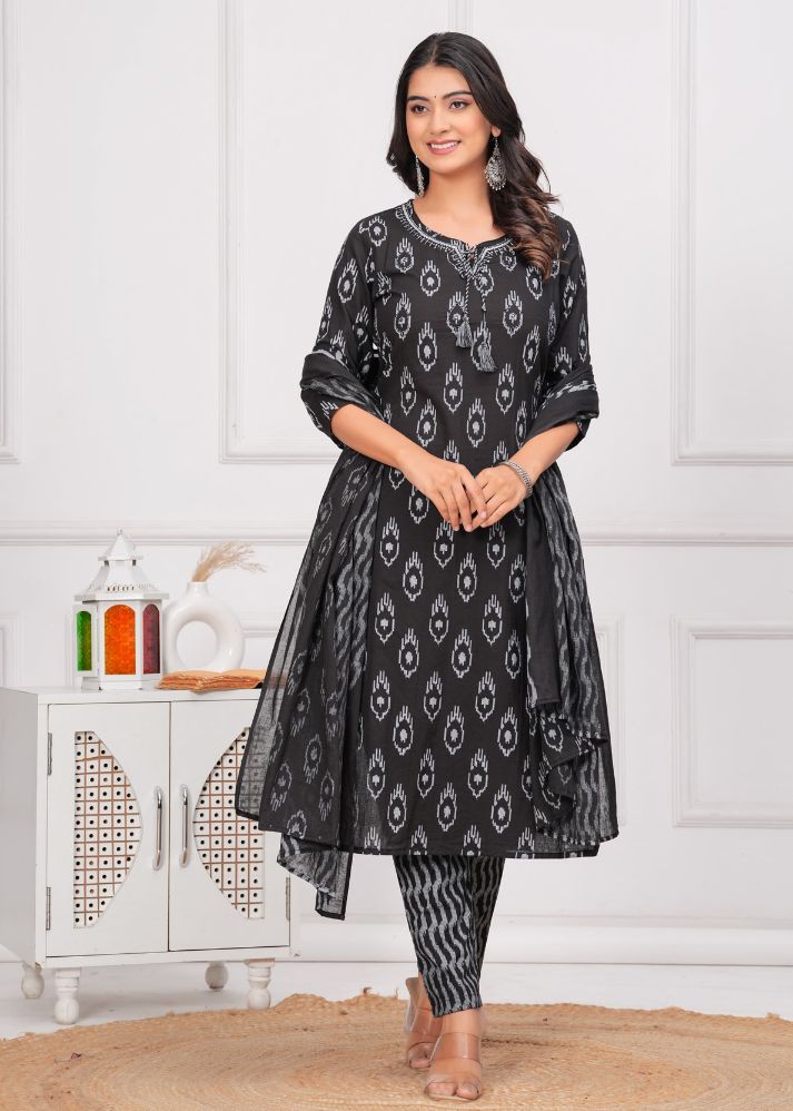 Classic Black & Grey Ikat Cotton Kurta Pant Dupatta Set