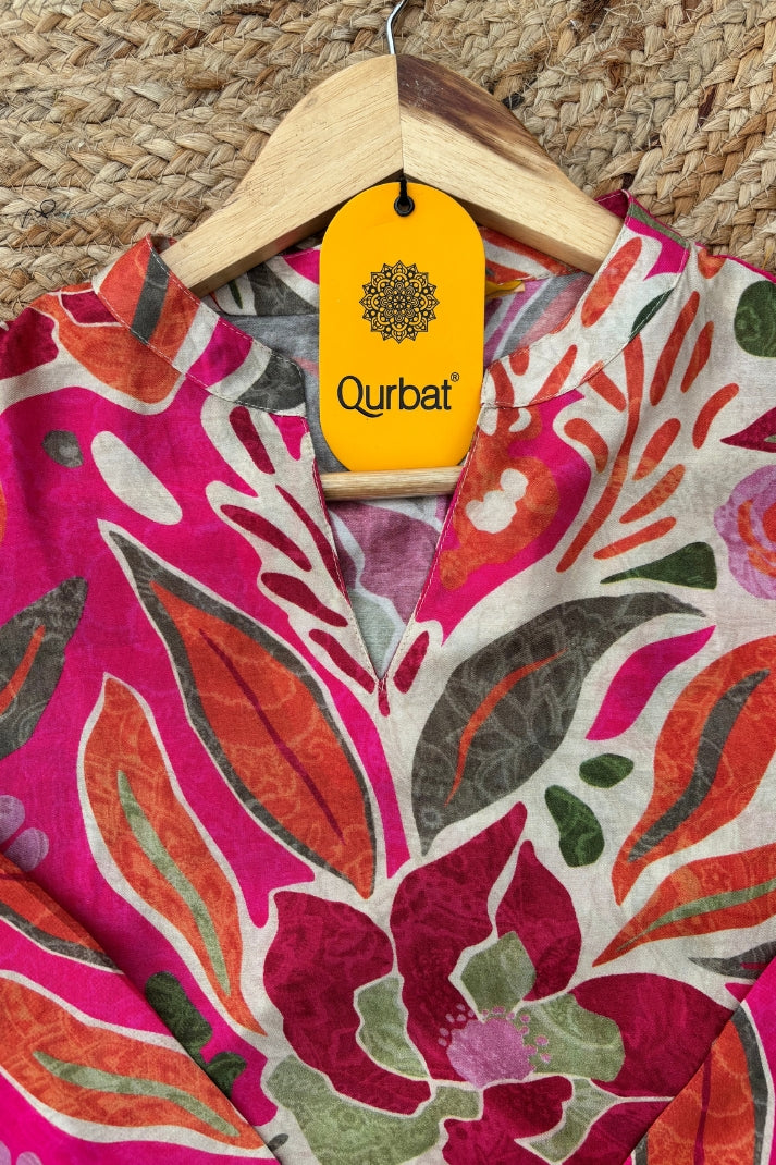 Vibrant Pink Floral Muslin Short Kurti – Bold, Breezy & Beautiful