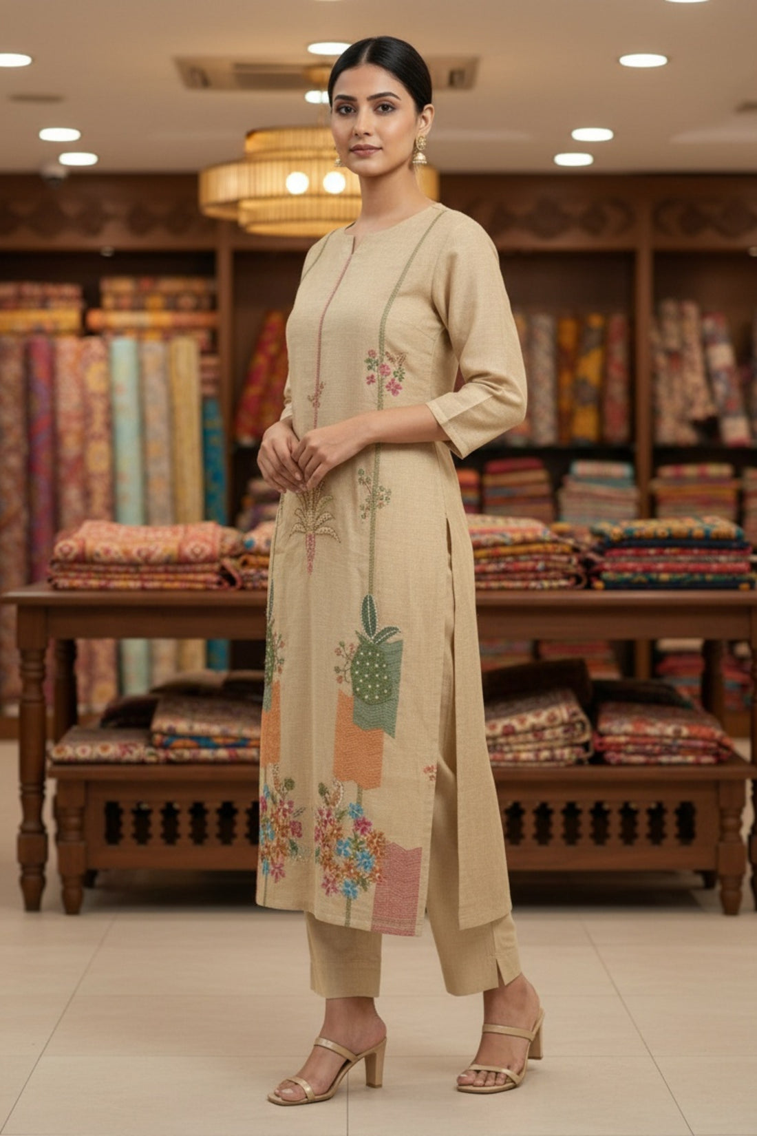 Neutral Beige Kurta & Pants with Dupatta – Artisanal Embroidery