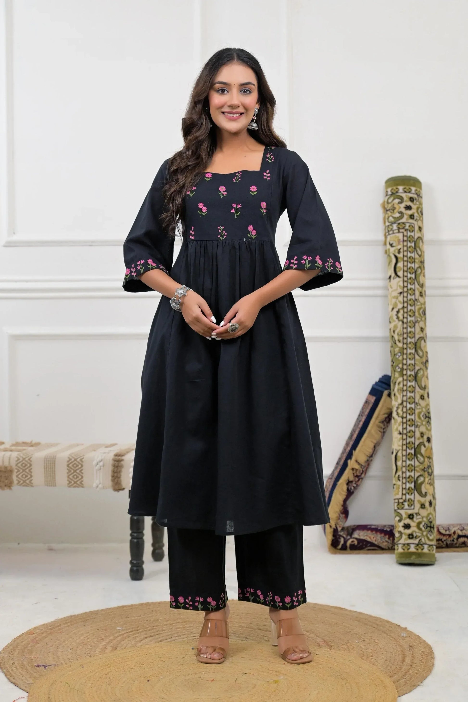 Black Floral Embroidery Kurta set - Qurbat 