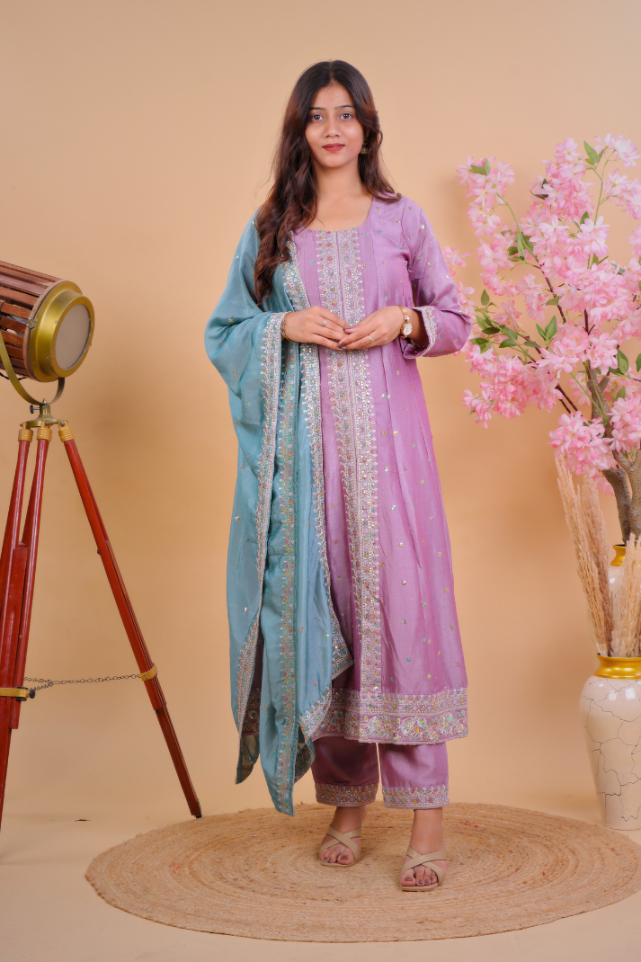 Lavender Embroidered Anarkali-Style Kurta Set with Dupatta