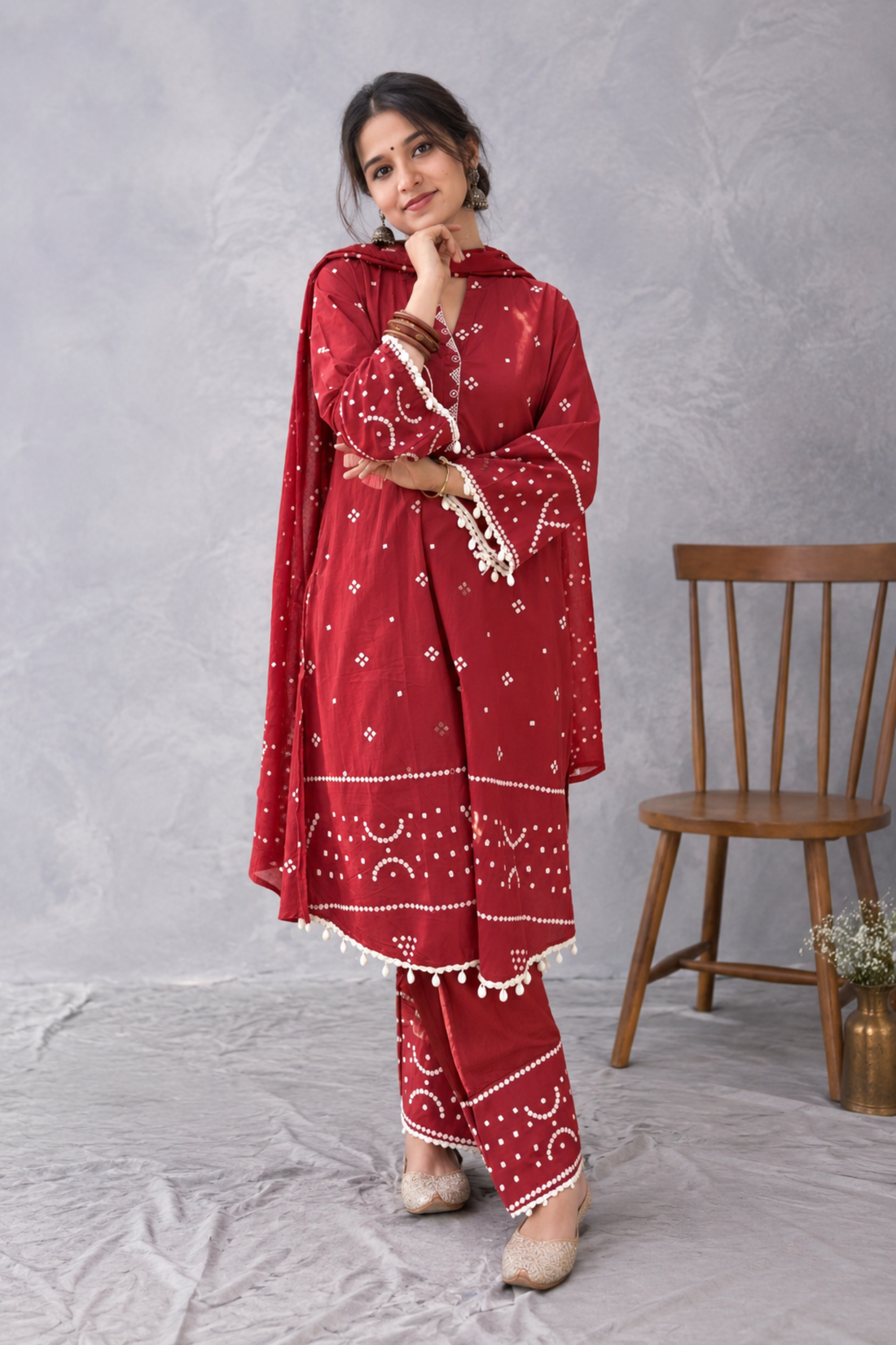 Cherry Red Bandhani Printed Chanderi 3-Piece Kurta Set with Farshi Bottoms & Dupatta