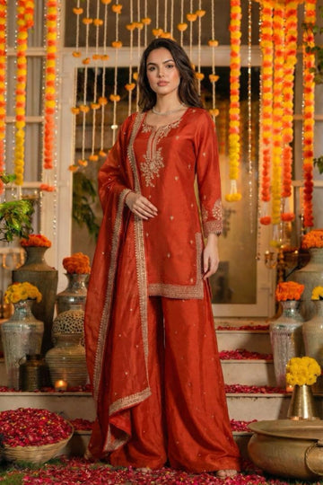 Orange Festive Cotton 3-Piece Suit Set