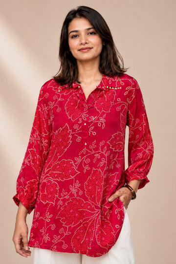 Women's Red Floral Printed Straight Kurti