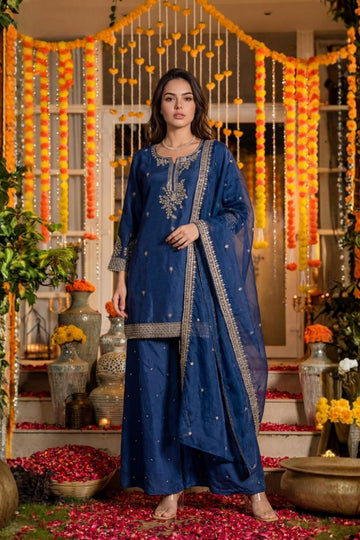 Blue Festive Cotton 3-Piece Suit Set