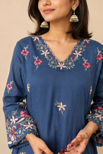 Women's Navy Blue Floral Embroidered Kurta with Palazzo & Dupatta