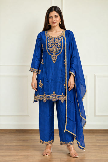 Royal Blue with crepe fabric Floral Embroidered Kurta with Palazzos & Dupatta