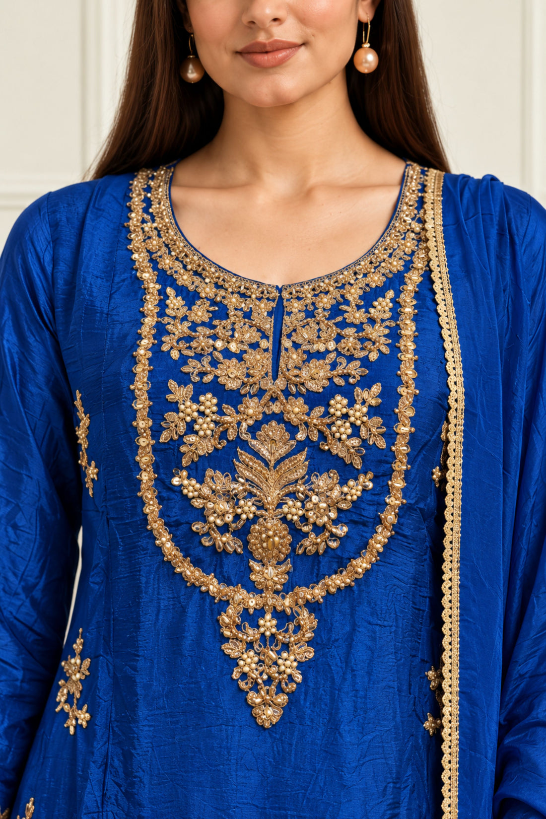 Royal Blue with crepe fabric Floral Embroidered Kurta with Palazzos & Dupatta