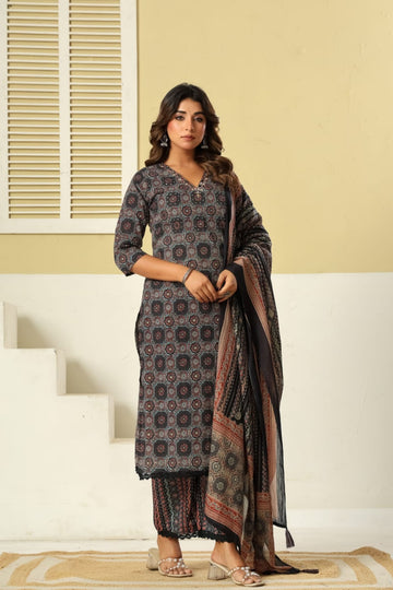 Black Printed Cotton 3-Piece Suit Set