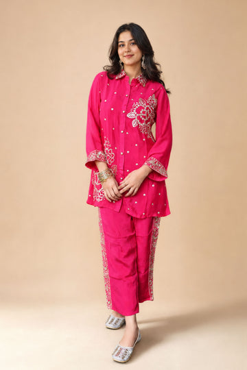 Rani  Floral Embroidered Silk Co-ord Set (Shirt & Pant)